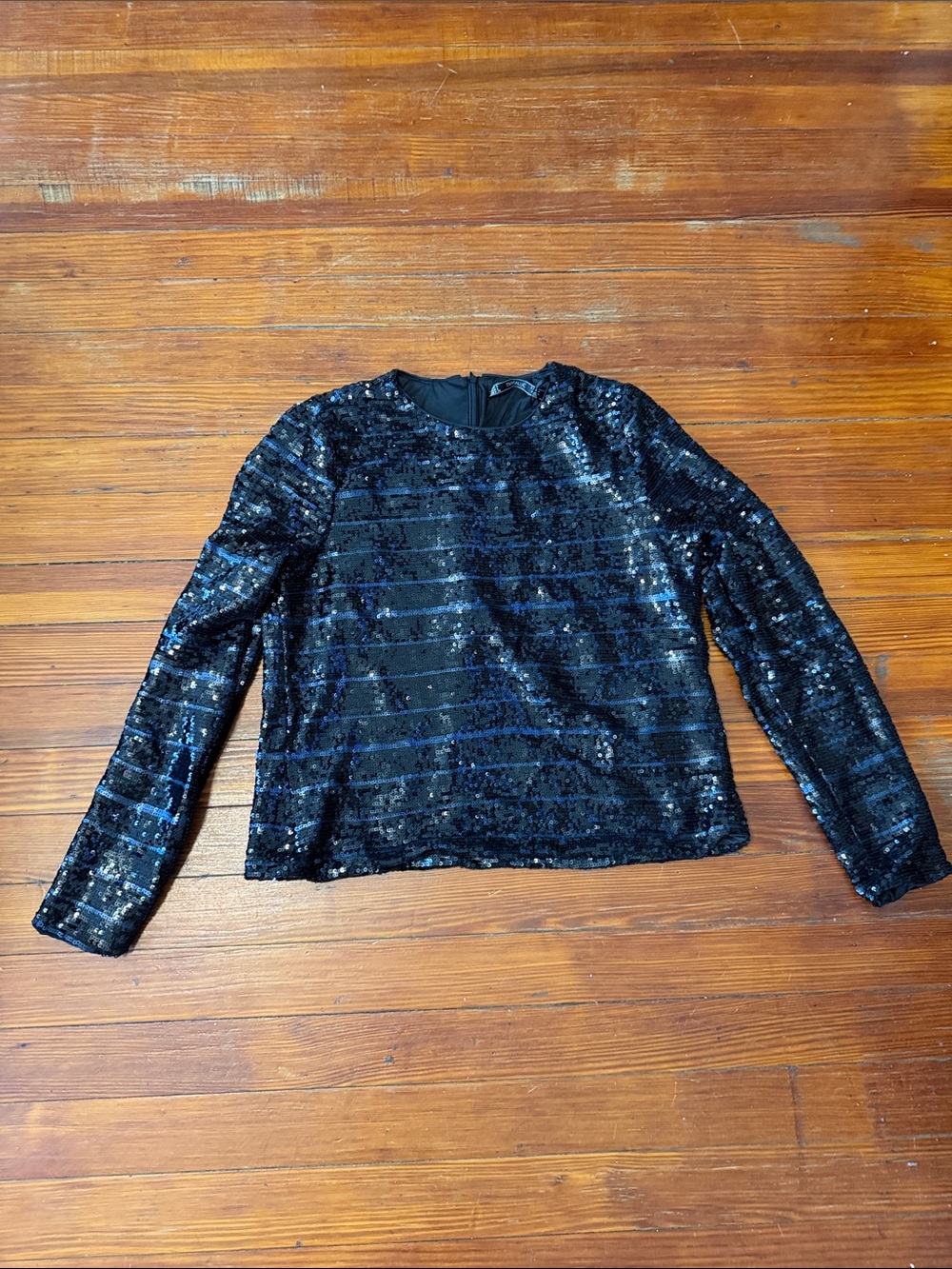 Zara Black Sequin Long-Sleeve Top Size Large Black with Blue Stripes